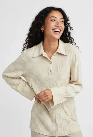 L'Academie Cream Textured Button Blouse Tunic Lightweight Chic Minimalist M thumbnail 1