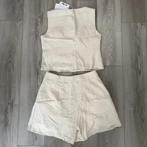 Commense Old Money Linen Blend Elegant Casual Khaki Vest Shorts Set M thumbnail 4