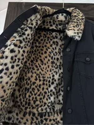 Black Denim Jacket with Leopard Faux-Fur Trim and Lining thumbnail 2