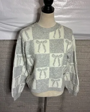 A New Day Womens Grey White Checkered Bow Crewneck Sweater Size Small thumbnail 1