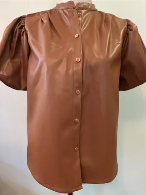 Industry Republic Clothing Brown Faux Leather Puff Sleeve Button-Down Top thumbnail 2