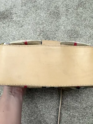 Burberry Nova Beige Plaid Leather-Trim Shoulder Bag “B” embellishment thumbnail 6