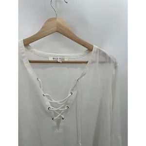 Black Rainn Women White Lace Up Blouse Boho Peasant Flounce Hem‎ Long Sleeve XL thumbnail 4