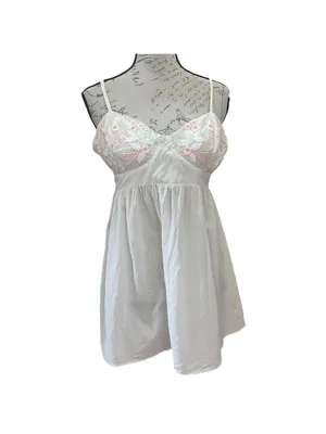 Free People embroidered mini dress Coquette sweetheart babydoll white pink Sz M thumbnail 2