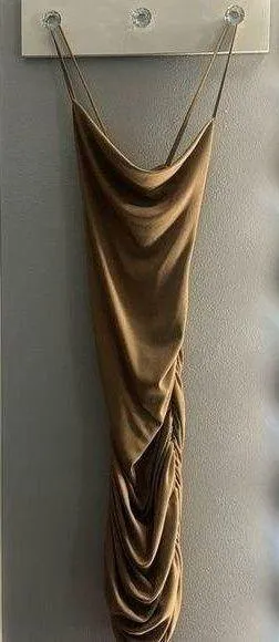 Tan long form fitting dress thumbnail 1
