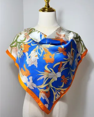 Elegant Floral Square Scarf with Blue, Orange, Green, and White Pattern thumbnail 1