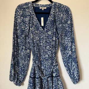 Madewell Blue White Floral Tiered Mini Dress Long Sleeve NS128 Size 00 NWT thumbnail 4