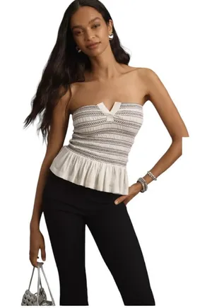 Maeve Smocked Split Tube Top White and Black Cropped Size XLarge Euro Summer thumbnail 1