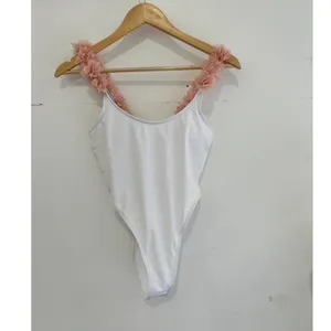 White One Piece‎ Swimsuit Blush Pink Floral Straps High Cut Small Beach Bridal thumbnail 2