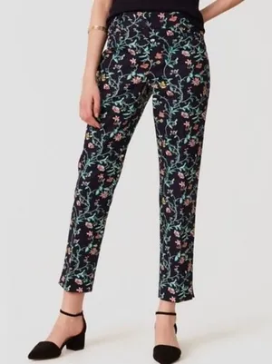 LOFT‎ Ankle Pants Women 2 Navy Blue Julie Floral Vine Print Stretch Trousers thumbnail 1