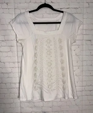 Garnet Hill Womens White Floral Embroidered Square Neck Cap Sleeve Tee XS‎ thumbnail 1