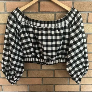 Maeve Anthropologie Black and White Gingham Puff Sleeve Crop Toe Size XS thumbnail 1