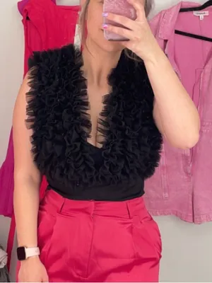 Black Tulle Ruffled V-Neck Women's Bodysuit thumbnail 1