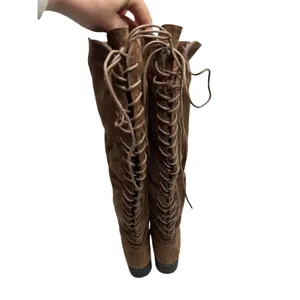 French Connection Brown Vegan Suede Lace Up Over The Knee Boots Low Heel Size 6 thumbnail 9