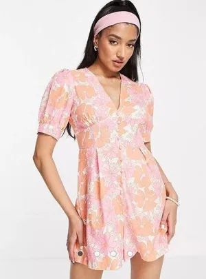 ASOS Glamorous puff sleeve romper in 60s retro floral size 8 thumbnail 1
