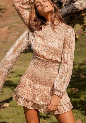 Lulu's Dash of Chic Tan Multi Print Smocked Long Sleeve Mini Dress size medium thumbnail 1
