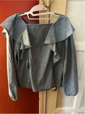 J. Crew Chambray Ruffle Square Neck Long Sleeve Top Blouse Blue Size Med BK626 thumbnail 9