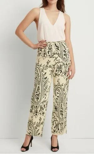 TALBOTS Petite Dress Pant Straight Leg Trouser Beige Black Damask Sz 10/12 thumbnail 1