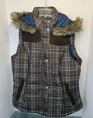 Ariat Brown Teal Plaid Faux Fur Trim Removable Hood Puffer Equestrian Vest M thumbnail 1