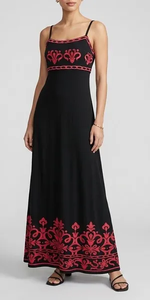 INC International Concepts Black Maxi Dress with red Embroidery size L thumbnail 1