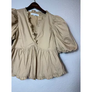 Endless Rose Puff Sleeve Peplum Top Tan Ruffle V-Neck Cotton Size S JJ1080T thumbnail 6
