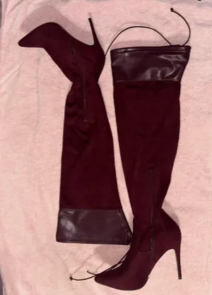 Burgundy suede thigh-high stiletto boots thumbnail 1