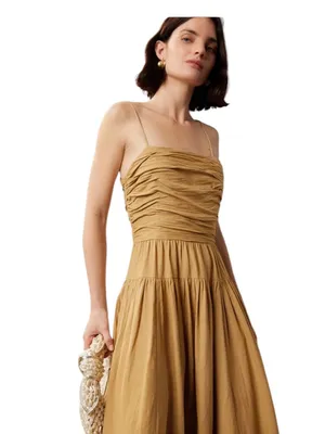 Toccin- Ruched Bodice Tie Midi Dress in Tan Size 4 thumbnail 3