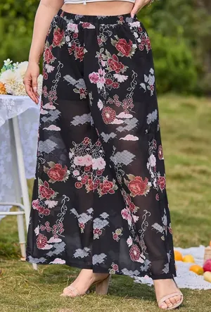 Black Floral Wide-Leg Asian Palazzo Semi Sheet Pants thumbnail 1