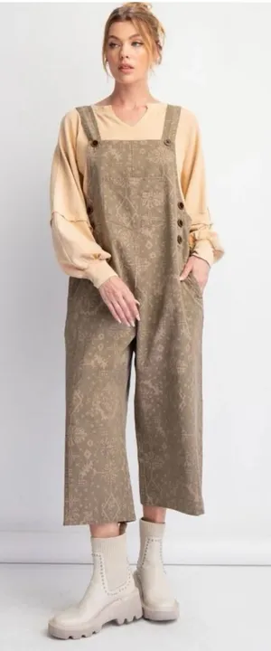 NWT Easel Mocha Ethnic Printed Twill Overall Jumpsuit Overalls Size‎ L Boho thumbnail 1