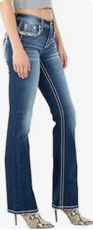 Miss Me Women's Bootcut Jeans Blue Embellished‎ Thick Stitch Low Rise Size 28 thumbnail 1