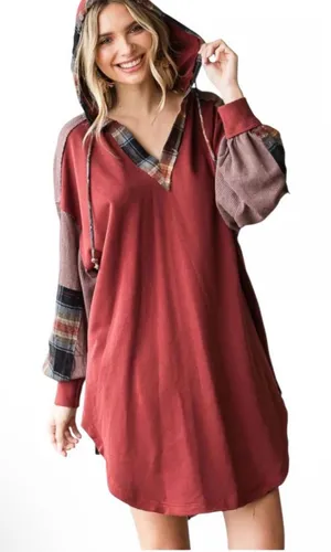 Oli & Hali Patchwork Plaid Hoodie Dress Burnout Red Tunic Top Size S‎ thumbnail 1