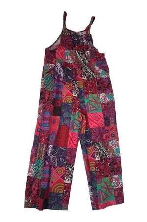 Multicolor Patchwork cropped overalls size XL paisley art funky hippie thumbnail 1