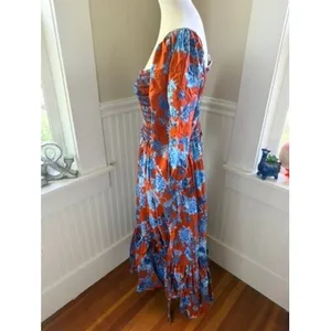 Cara Cara Jazzy Floral Smocked Maxi Dress Puff Sleeve Orange Blue Size Medium thumbnail 10