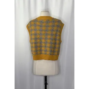 ZARA Chunky Wool Sweater Vest Plaid Star Pattern Yellow Gray Academia Small thumbnail 8