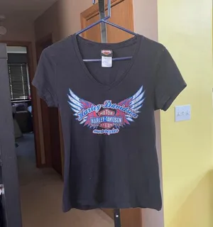 Women's Harley-Davidson Black Blue Red Graphic V-Neck Short Sleeve Tee M thumbnail 2