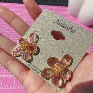 Natasha Gold tone Pink crystal flower earrings stud thumbnail 3