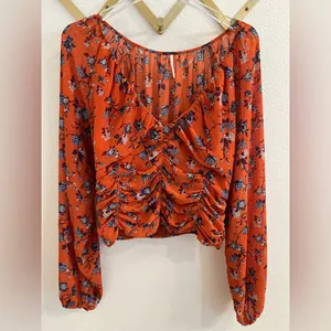 Free People Final Rose Blouse Rust Orange Floral Ruched Sweetheart Top Large thumbnail 8