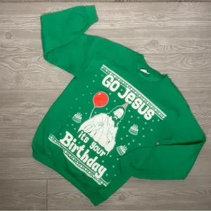 Gildan green funny religious “ go Jesus it’s your birthday “ long sleeve sweater thumbnail 4