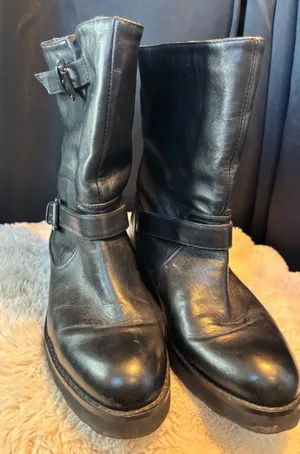 Black Leather Moto Buckle Boots Mid Calf Side Zip Platform Lug Sole TA 21J61 Size 6.5 thumbnail 1