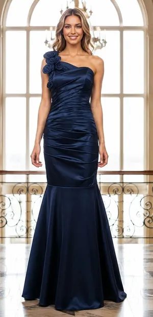 Cache Navy Blue One Shoulder Mermaid Formal Gown Sz 10 Satin Evening Prom Dress thumbnail 1
