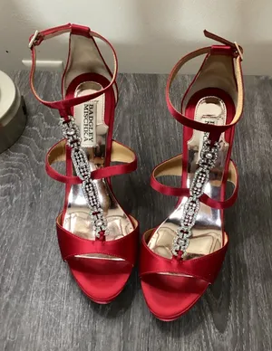 Badgley Mischka Red Satin Crystal Embellished Stiletto Heels Size 8 thumbnail 1