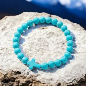 Lovely Faith Vintage-Inspired Turquoise‎ Beaded Bracelet with Cross Pendant thumbnail 3