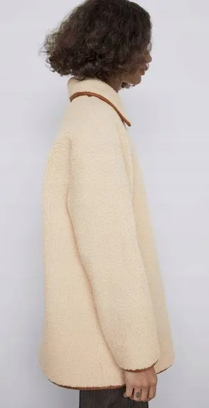 ZARA Tan Brown Cream Sherpa Suede Leather Button Down Coat Jacket thumbnail 9
