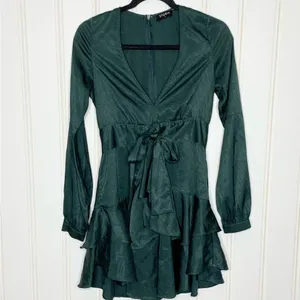 Storia Emerald Green Jacquard V-Neck Ruffle Mini Dress Small 857 thumbnail 9