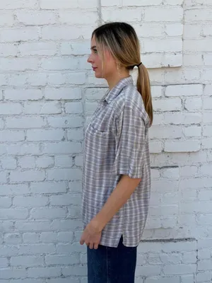 Vtg retro Express beige plaid button up shirt one size #plaid #preppy #western #outdoors thumbnail 3