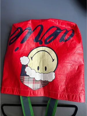 Aerie Red Holiday Tote Bag with Smiley Face and Plaid Santa Hat thumbnail 4
