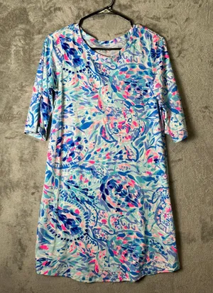 Lilly Pulitzer Preston Dress Breakwater Party Wave Blue Pink Shift Tie Sleeve SM thumbnail 1