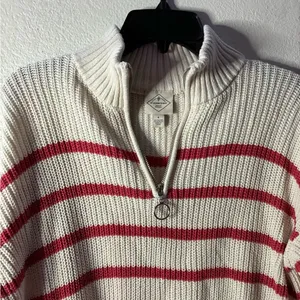 💥St. John's Bay Ivory and Red Stripes Crew Neck Long Sleeve Sweater S thumbnail 6