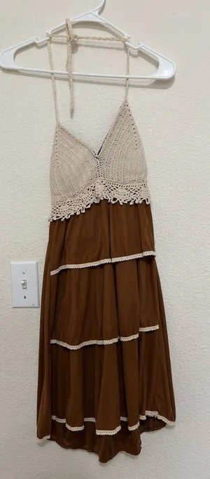 Vizio Vintage Crochet Halter Maxi Dress in Cream and Brown thumbnail 1