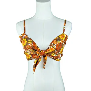 Her Pony Margaux Tie Front Mini Crop Orange Flower Power Bralette thumbnail 2